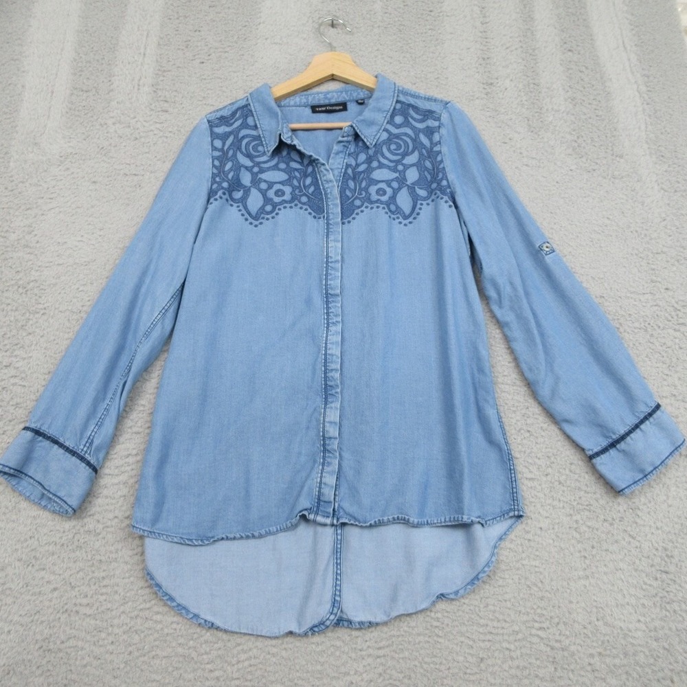 T&W Designs Shirt Women L Blue Denim Western Americana Rodeo Westernstyle Casual